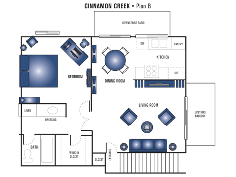 Floor plan for 1 bed, 1 bath, 682 sqft